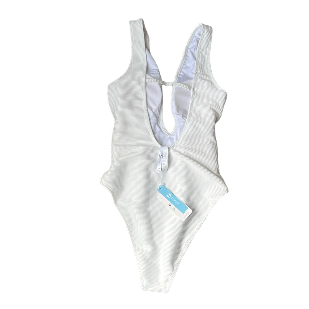 NWT Cupshe White Ribbed One Piece Swimsuit M Sexy Plunge Ring Monokini - Picture 2 of 10